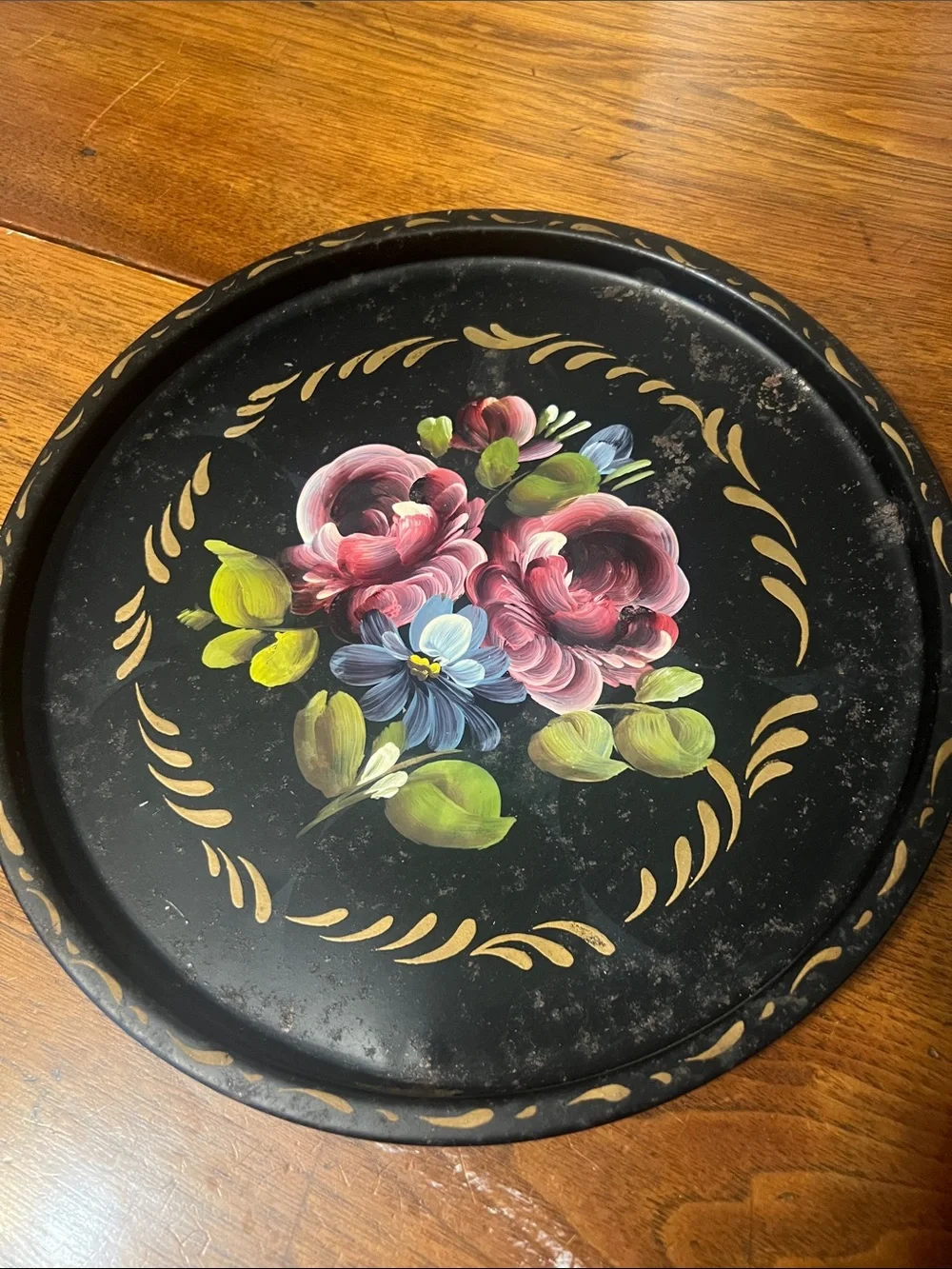Vintage Hand-Painted Toleware Trays - Green & Purple Accents